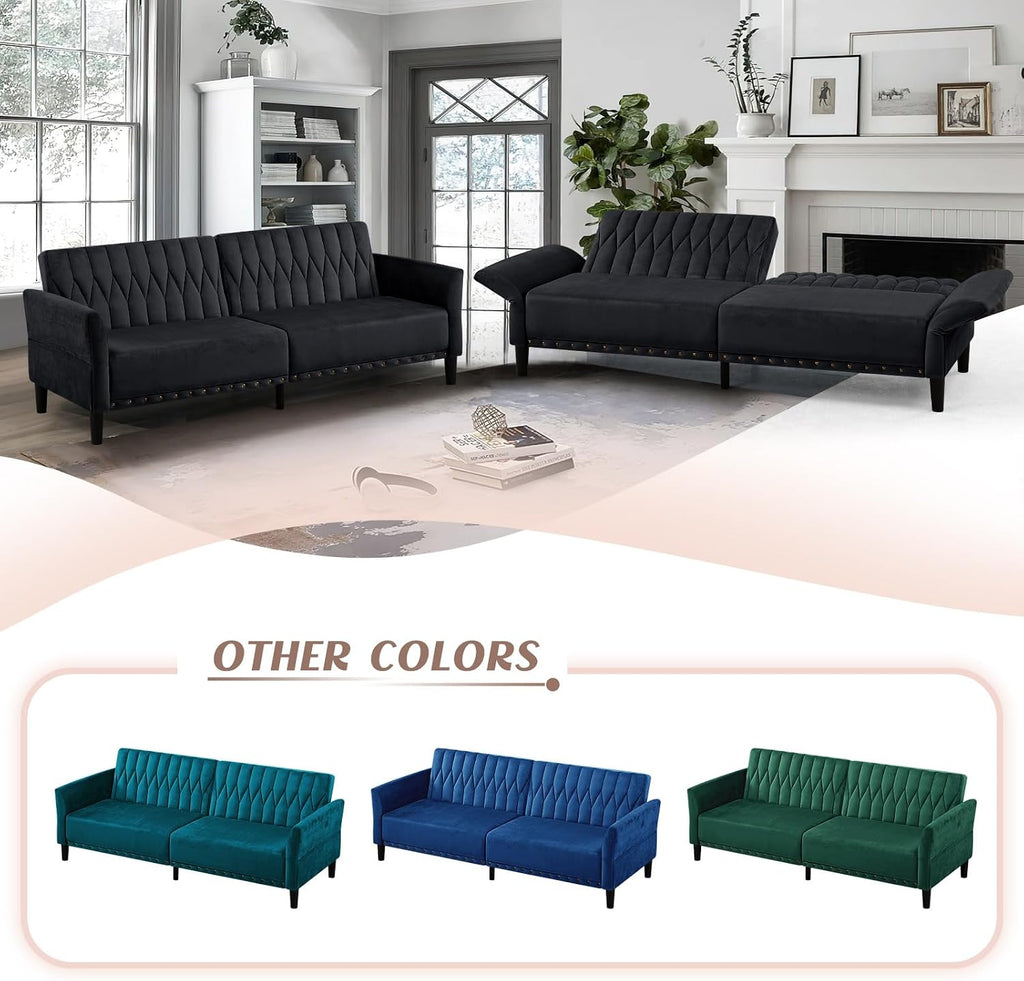 77 Inches Velvet Sofa Bed w/Adjustable Backrests & Armrests, Convertible Sleeper Sofa w/Nailhead Trim, Modern Loveseat Couch with Sturdy Legs for Living Room,Office,Black