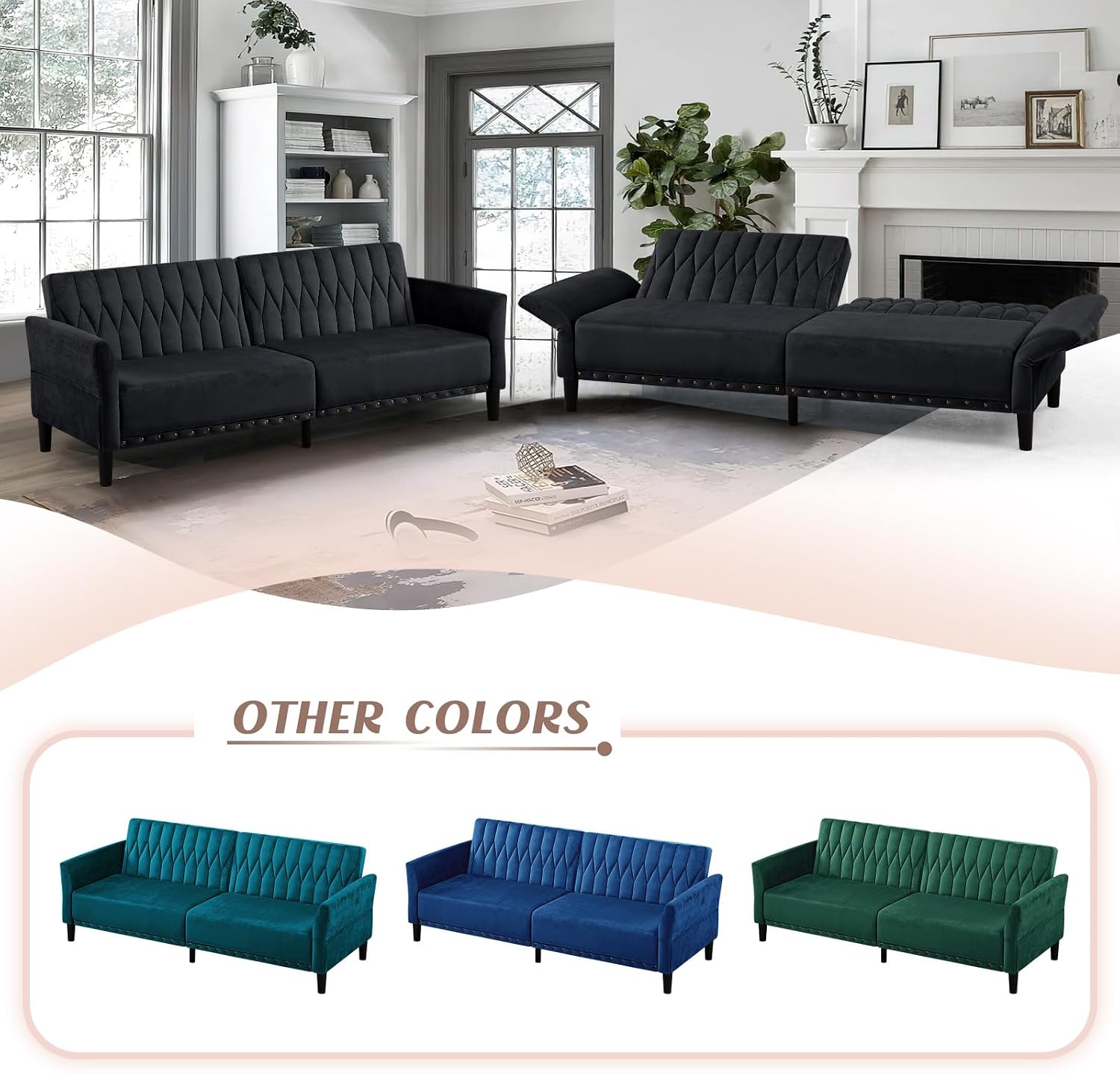 77 Inches Velvet Sofa Bed w/Adjustable Backrests & Armrests, Convertible Sleeper Sofa w/Nailhead Trim, Modern Loveseat Couch with Sturdy Legs for Living Room,Office,Black