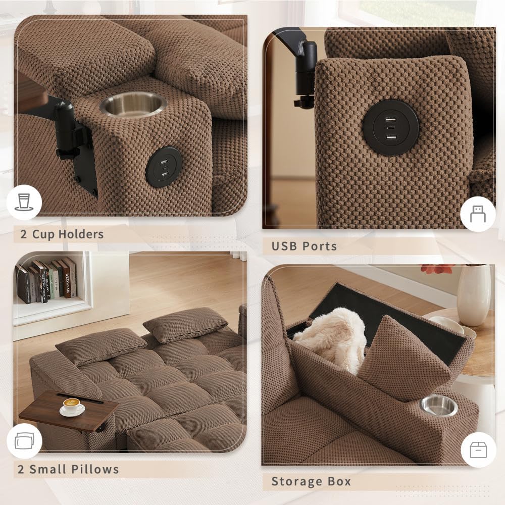 Auvsoce 65'' Convertible Sleeper Sofa Bed with Adjustable Backrest, Chaise Lounge, Side Table & USB/Type-C Ports – Stylish & Functional Addition to Any Living Room (Brown)