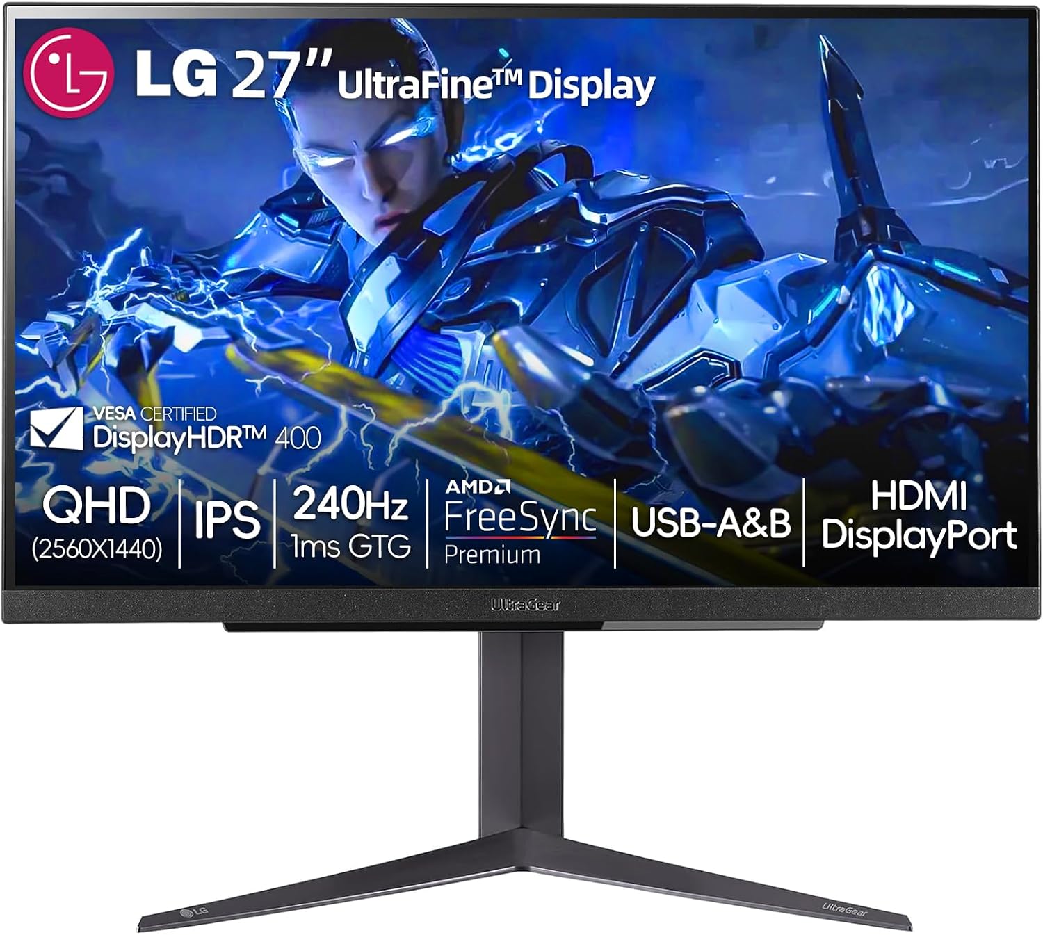 LG 27' Ultragear QHD (2560x1440) IPS Gaming Monitor, 240Hz, 1ms, G-Sync AMD FreeSync Premium, 100% sRGB, HDR400, 1 x DisplayPort, 2 x HDMI, 4-Pole HP Out DTS GP:X, Tilt/Height/Pivot Stand, Black