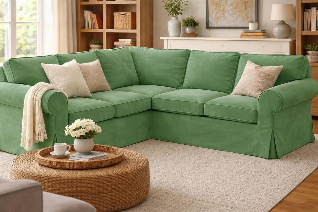 Velvet Pets Friendly Sectional Corner Sofa Covers Made Compatible with IKEA Ektorp 4 Four Seat Couch Sofa Slipcovers (Velvet Light Green Ektorp 2+2)