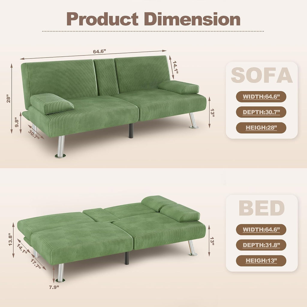 YESHOMY Futon Sofa Bed, Futon Couch with Adjustable Backrest, Convertible Sleeper Sofa with Removable Armrests, Loveseat in Corduroy with 2 Cup Holders for Living Room, Apartment (Green)