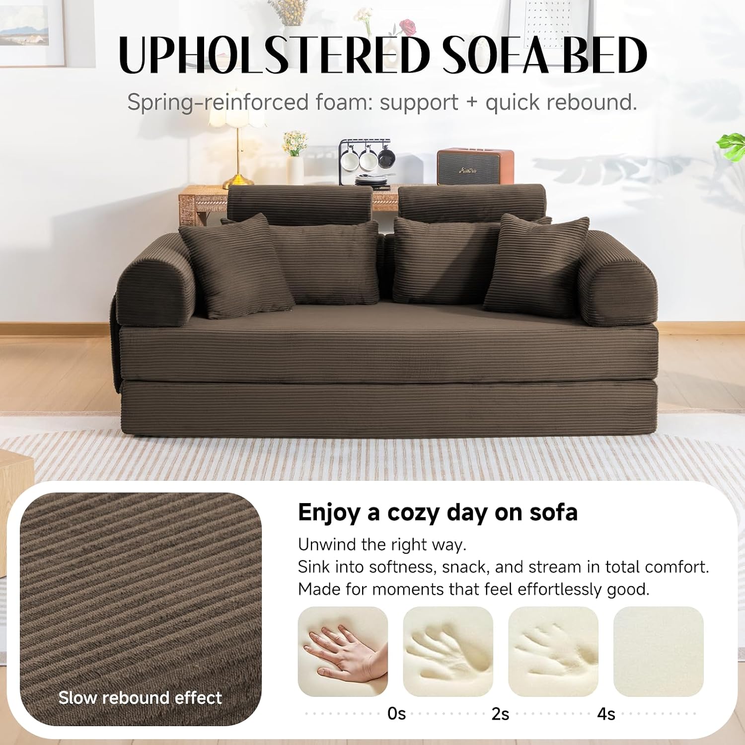 79' Convertible Boneless Couch for Small Spaces, 6-in-1 Corduroy Sofa Bed with High Backrest, Pillows, High-Density Foam Loveseat Sleeper Couch in a Box for Living Room, No Assembly, Brown