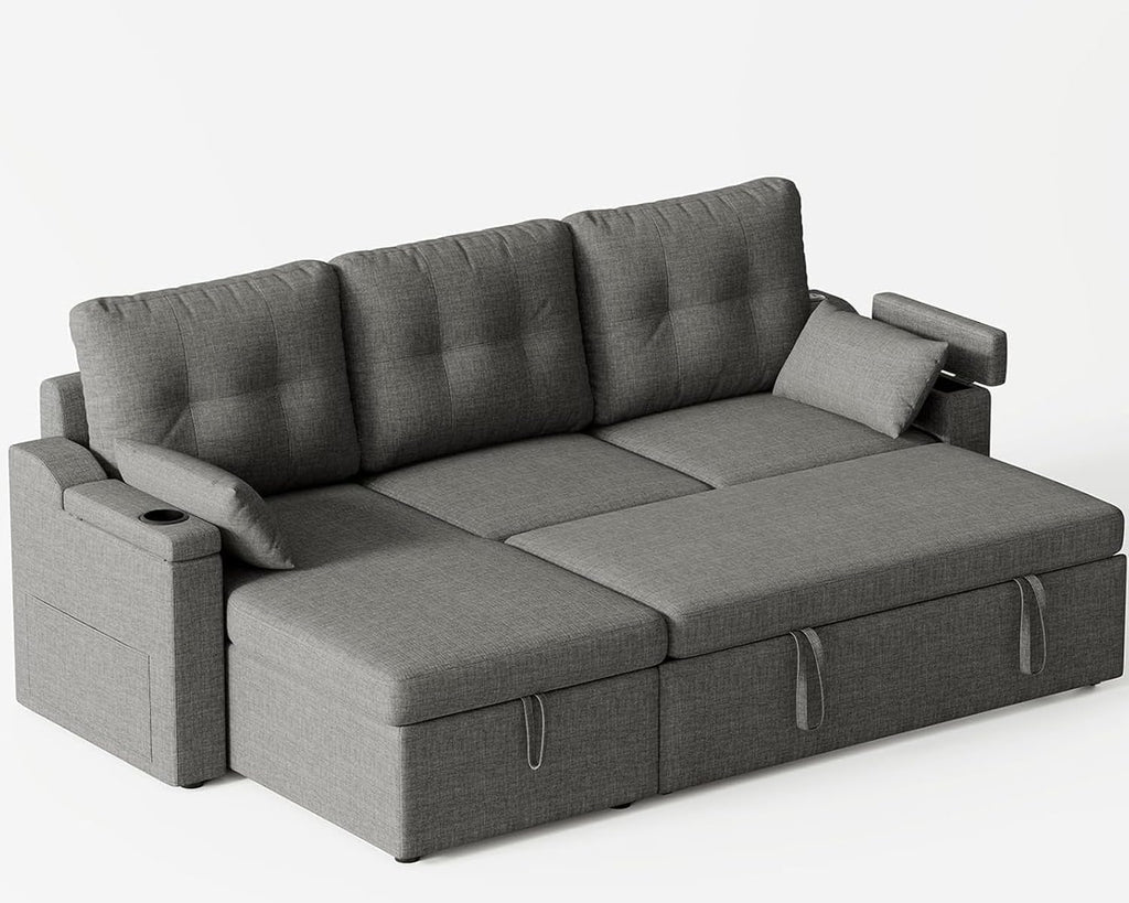 Reversible Sectional Sofa Couch, 85' L-Shaped Sleeper Sofa Bed with Pull Out Bed, Storage Chaise, USB Type-C Ports, Removable Backrest, Cup Holder, Modern Convertible Couch for Living Room, Grey