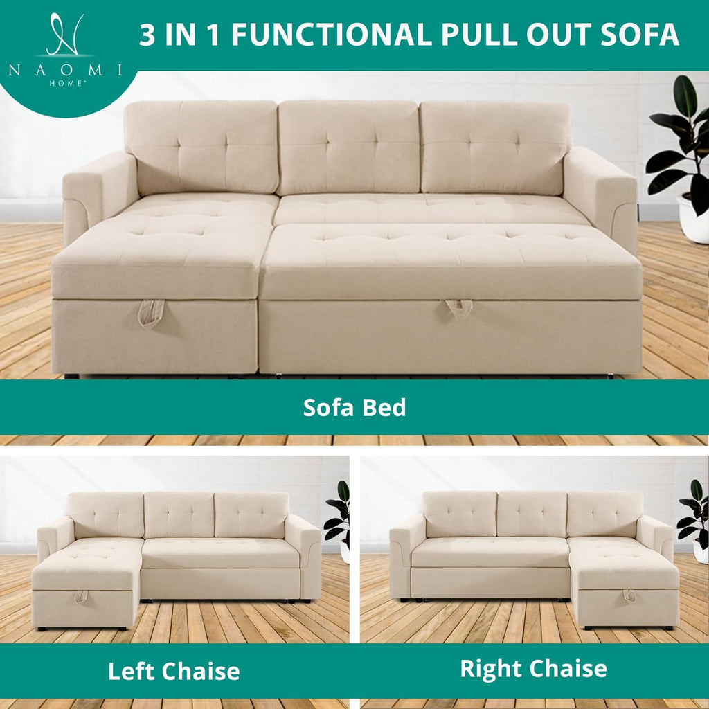 Naomi Home L Shaped Sectional Couch with Storage & Pull Out Bed – 3-in-1 Convertible Sleeper Sofa Bed, Small L Shape Sofa for Living Room, Sofa Bed with Storage Chaise in Beige, Velvet