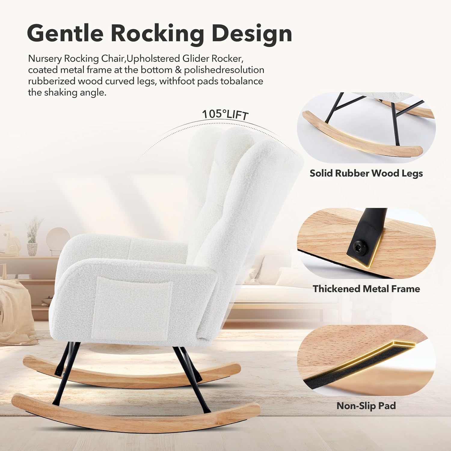 300lb Capacity Nursery Glider Rocker,Teddy Upholstered with Wood Legs for Living Room,Bedroom Nursery Includes Side Pockets