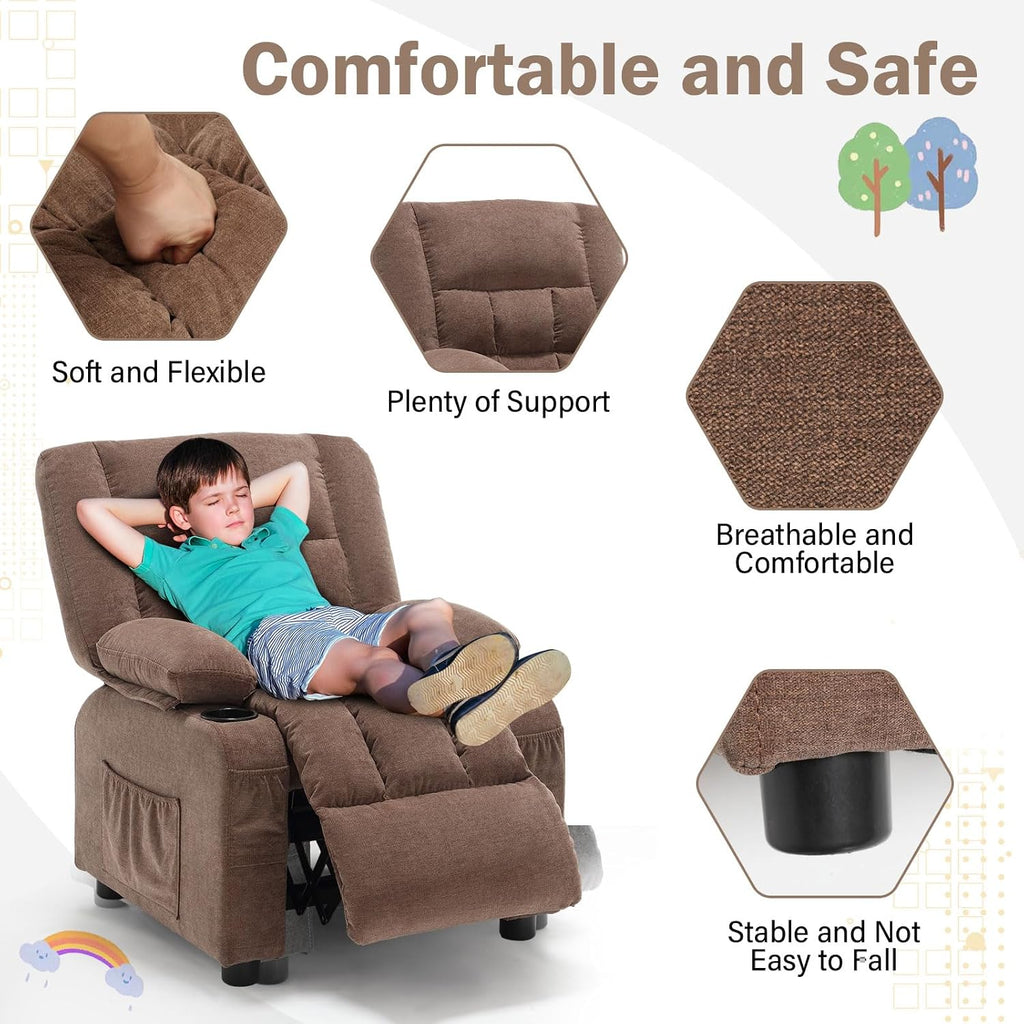 BOSMILLER Kids Recliner Chair， Push Back Toddler Recliner with Cup Holders & Side Pockets， Adjustable Footrest & Headrest Kids Sofa for Boys Girls 3+ Age Group