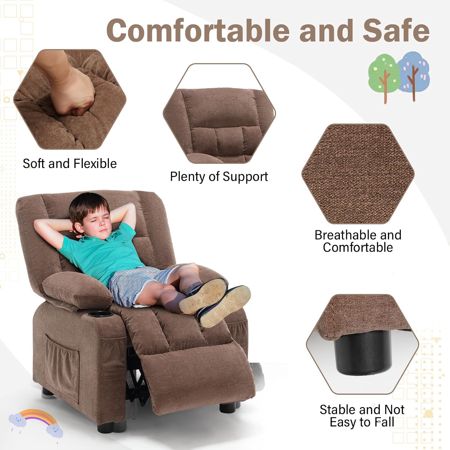 BOSMILLER Kids Recliner Chair， Push Back Toddler Recliner with Cup Holders & Side Pockets， Adjustable Footrest & Headrest Kids Sofa for Boys Girls 3+ Age Group