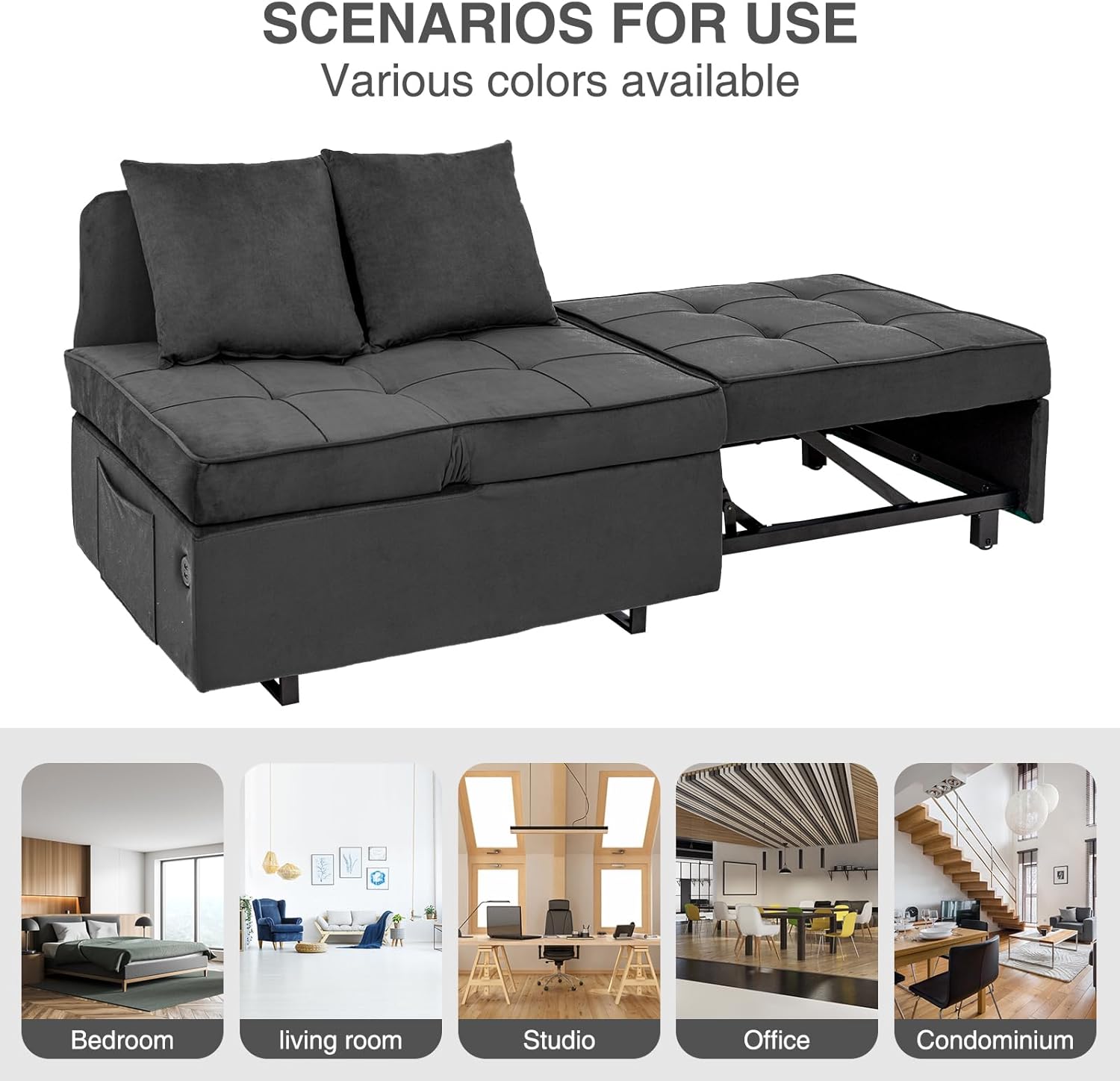 Sofa Bed 4-in-1 Convertible pull out Couch, Velvet Love seat Couch Sleeper Chair Bed with 2 Throw Pillow, Single Recliner with 5 Adjustable Backrests for Living Room Apartment Small Space, Dark Grey