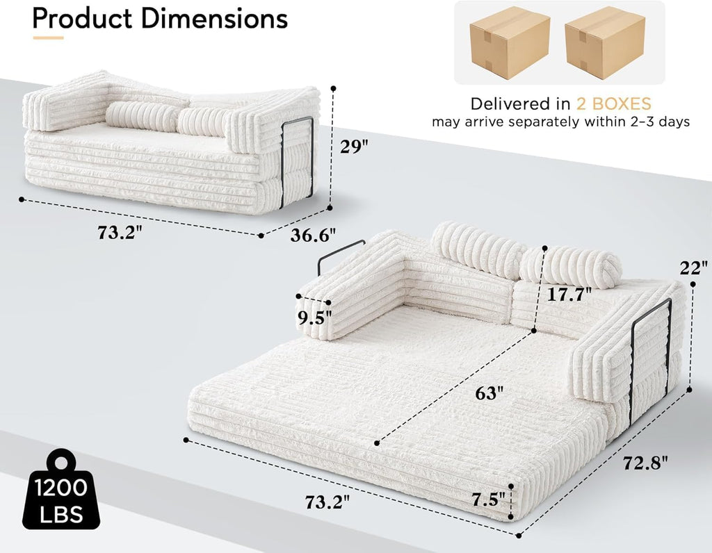 VanAcc Futon Sofa Bed, Convertible Futon Couch with Plush Faux Fur, No Assembly Mattress Futon Sofa for Living Room, Apartment, Bedroom, White