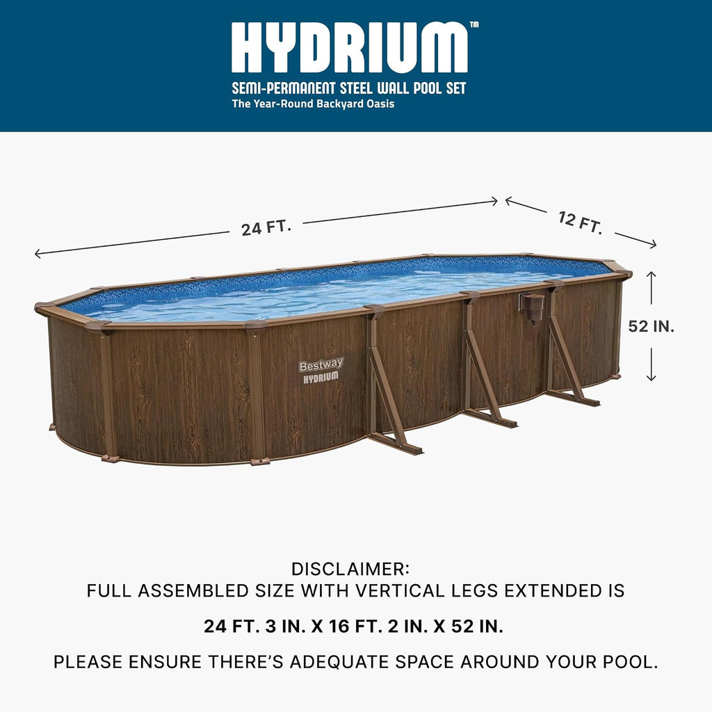 Bestway Hydrium 24' x 12' x 52' Above Ground Pool, Oval Steel Side Wall Frame Outdoor Swimming Pool Set with Sand Filter Pump, Ladder & Accessories