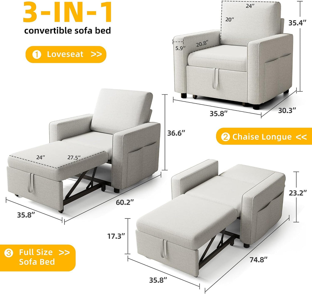 YITAHOME Convertible Sofa Chair Bed, 3-in-1 Linen Fabric Sleeper with Pull-Out Bed, Reclining Backrest & Wide Armrest, Beige