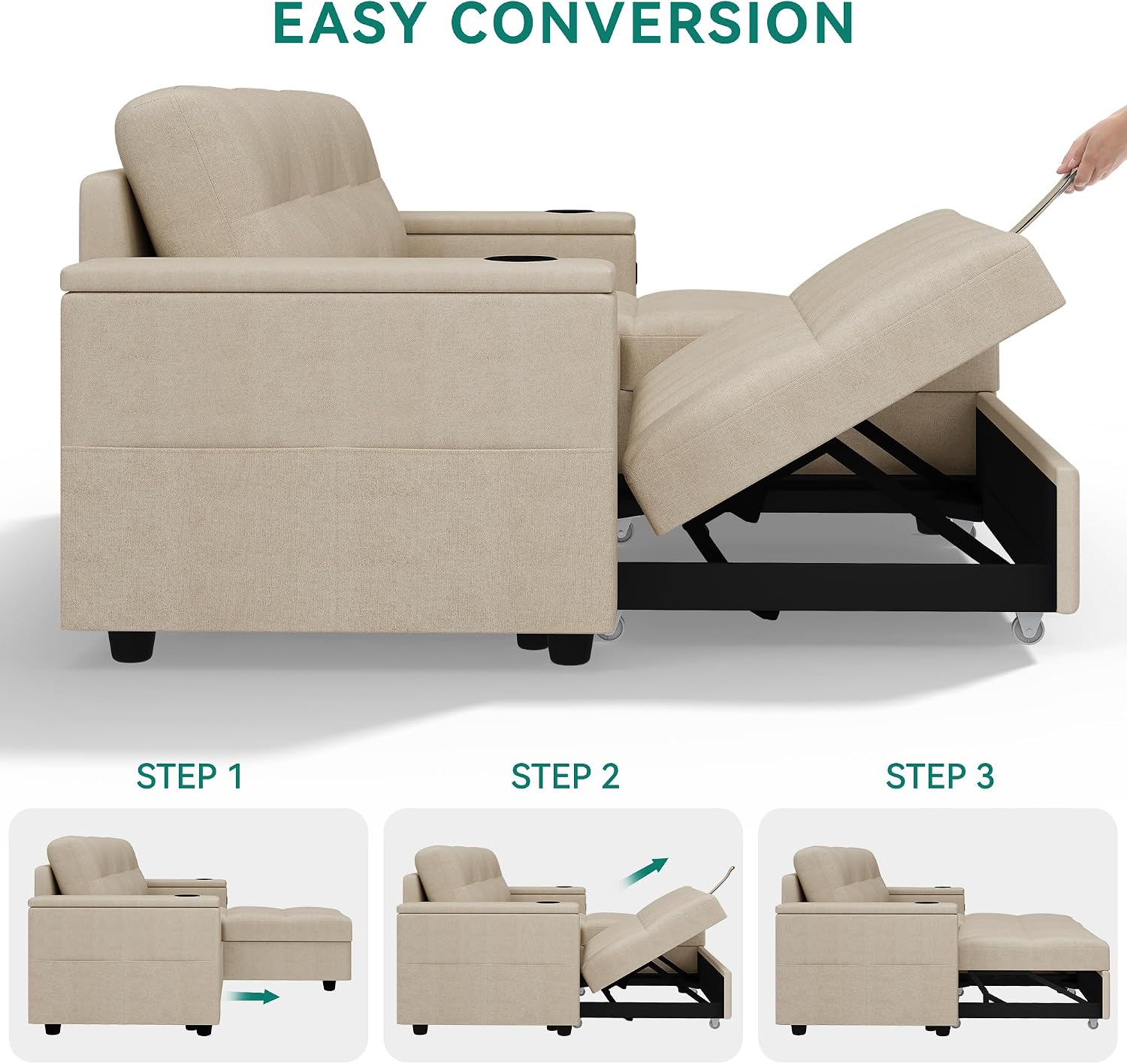 YITAHOME Sleeper Sofa, L-Shaped Sofa Couch Bed with Storage Chaise & USB, Reversible Sleeper with Pull Out Bed, 4-Seat Fabric Convertible Sofa, 2-in-1 Pull Out for Living Room, Beige
