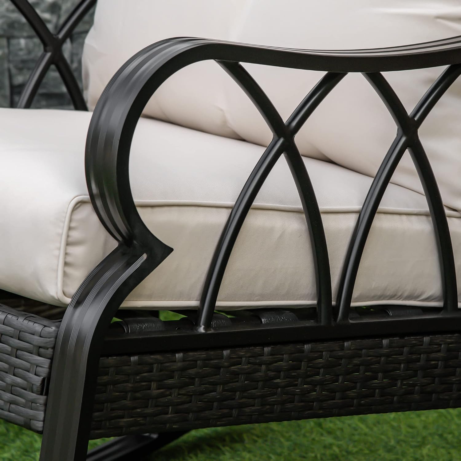 Outsunny Outdoor Wicker Rocking Chair with Padded Cushions, Aluminum Furniture Rattan Porch Rocker Chair w/Armrest for Garden, Patio, and Backyard, Khaki