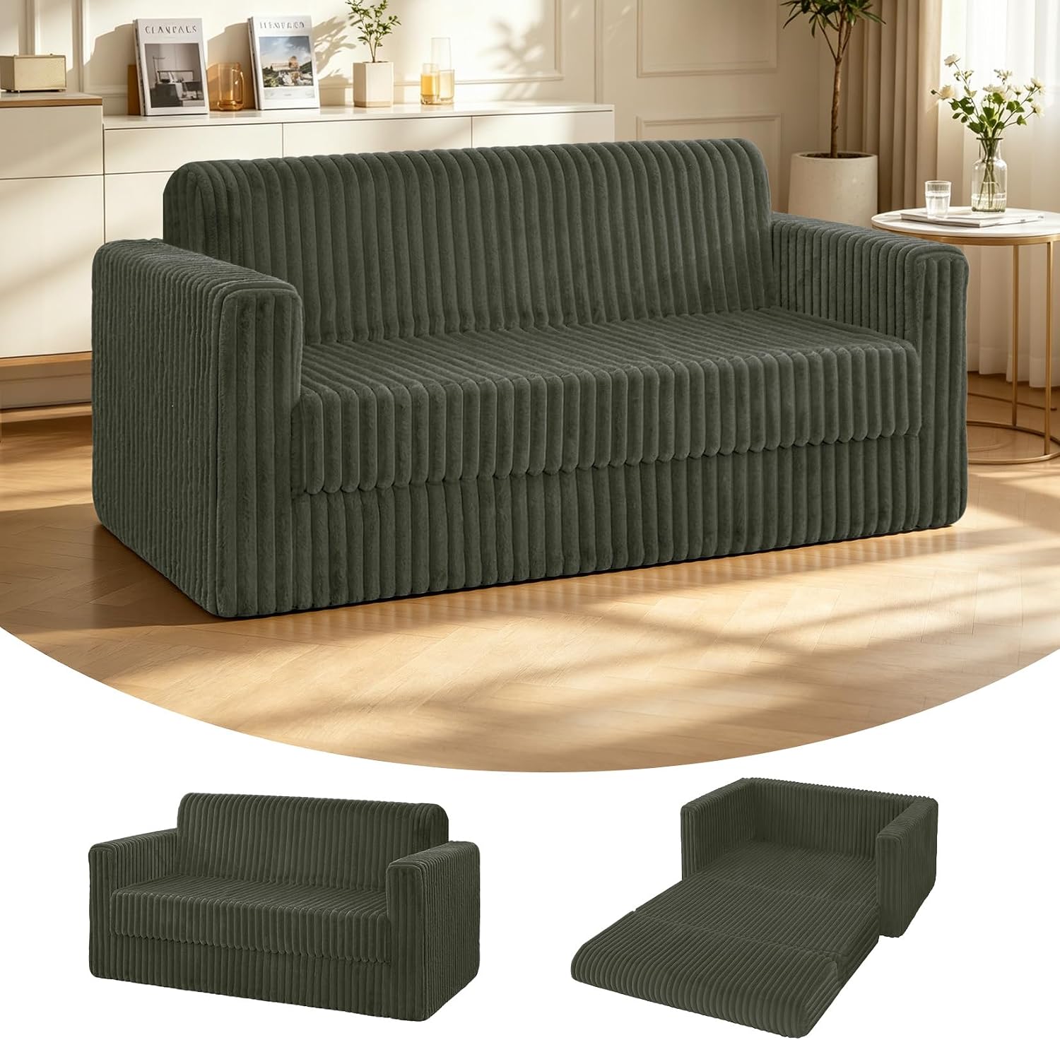 HABUTWAY Folding Sofa Bed, 2 in 1 Convertible Sleeper Chair with Armrest, Portable Fold Out Chair Bed, Comfy Floor Couch, Multi-Functional Lazy Sofa for Living Room Bedroom Dorm Home Office, Green