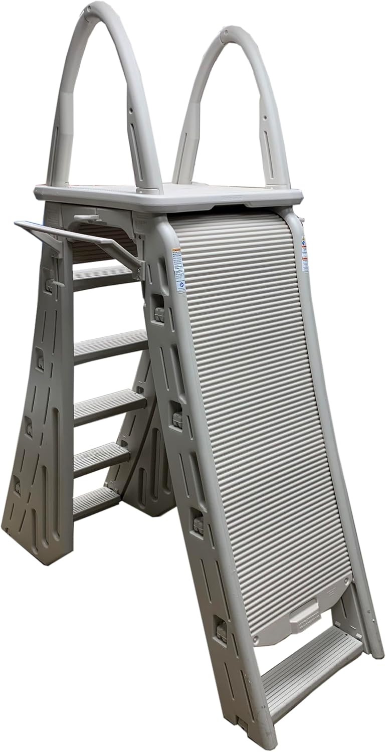 Confer Plastics 7200 Roll Guard 48' to 56' Adjustable A Frame Safety Ladder for Above Ground Outdoor Patio Swimming Pool Platform Ladder with Step Barrier, Warm Grey…