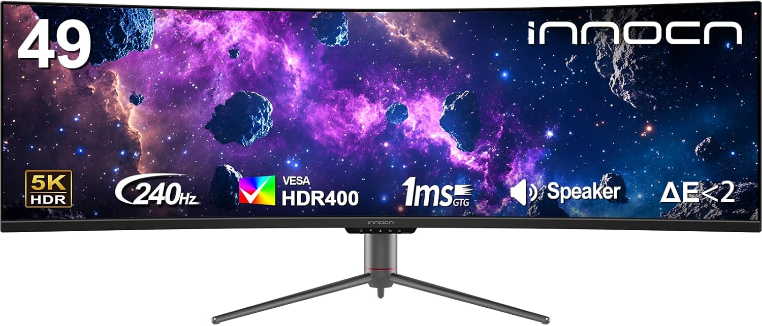 INNOCN 49' 240Hz Curved Monitor Ultrawide Gaming QHD 5120 x 1440P Computer Monitor, R1800, 99% sRGB, HDR400, USB Type C, DisplayPort, HDMI, Built-in Speakers, Height/Tilt Adjustable - 49C1S