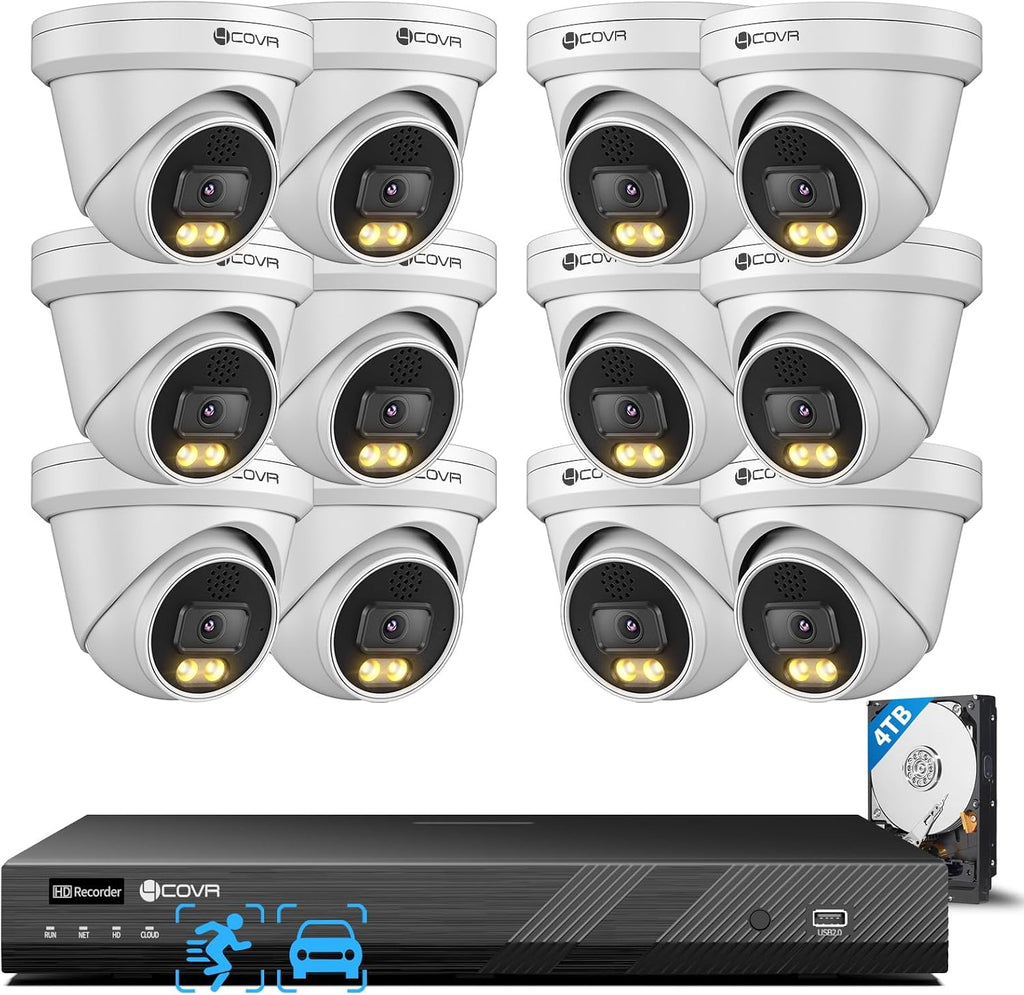 4COVR 16 Channel PoE Security Camera System, 2-Way Talk & Dual Lights Smart Full Color Night Vision, Human/Vehicle Detection, 4K NVR 4TB HDD, 12X 5MP Wired Business Dome IP Camera IP67, LY97KA5M1612