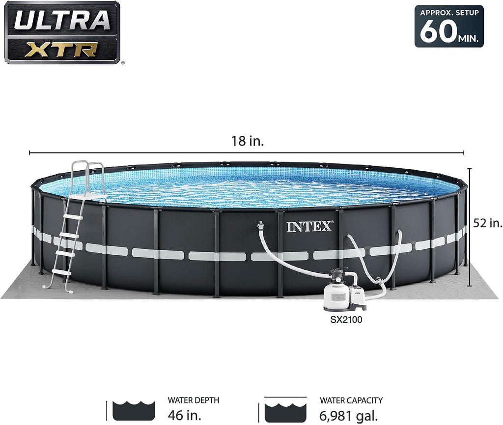 INTEX Ultra XTR 18 ft x 52 in Above Ground Pool Set, Round Swimming Pool with Steel Frame, 2100 GPH Sand Filter Pump, Ladder, Cover, & Ground Cloth