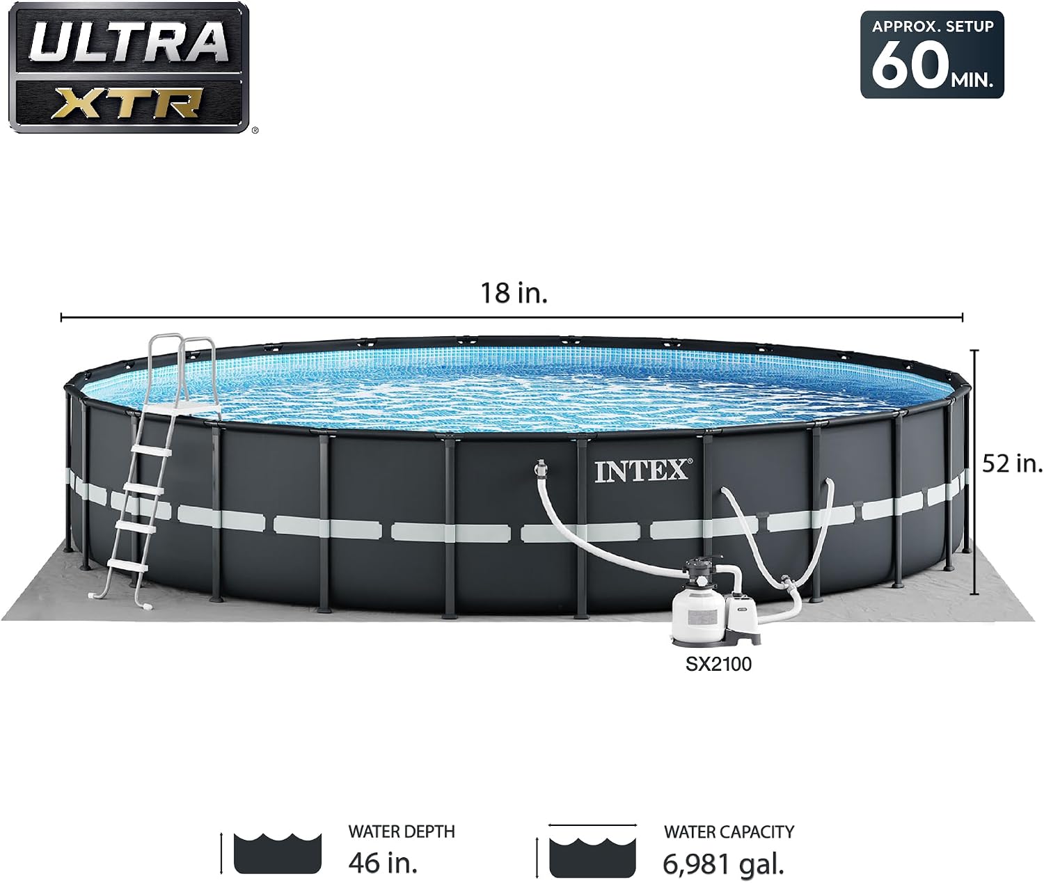 INTEX Ultra XTR 18 ft x 52 in Above Ground Pool Set, Round Swimming Pool with Steel Frame, 2100 GPH Sand Filter Pump, Ladder, Cover, & Ground Cloth