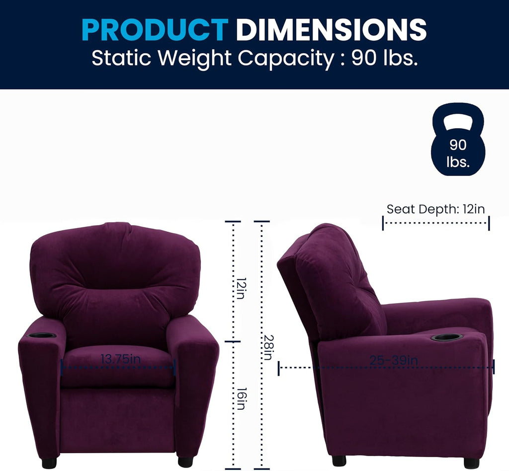Flash Furniture Chandler Microfiber Kids Recliner with Cup Holder and Safety Recline, Contemporary Reclining Chair for Kids, Supports up to 90 lbs., Purple
