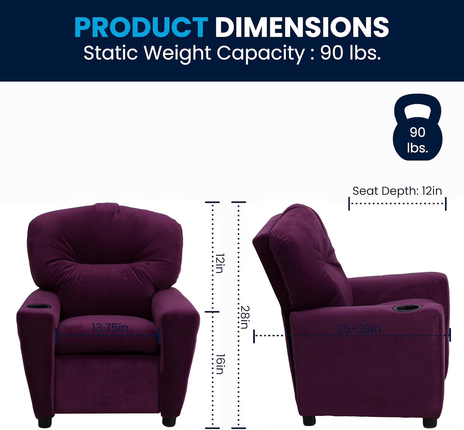 Flash Furniture Chandler Microfiber Kids Recliner with Cup Holder and Safety Recline, Contemporary Reclining Chair for Kids, Supports up to 90 lbs., Purple