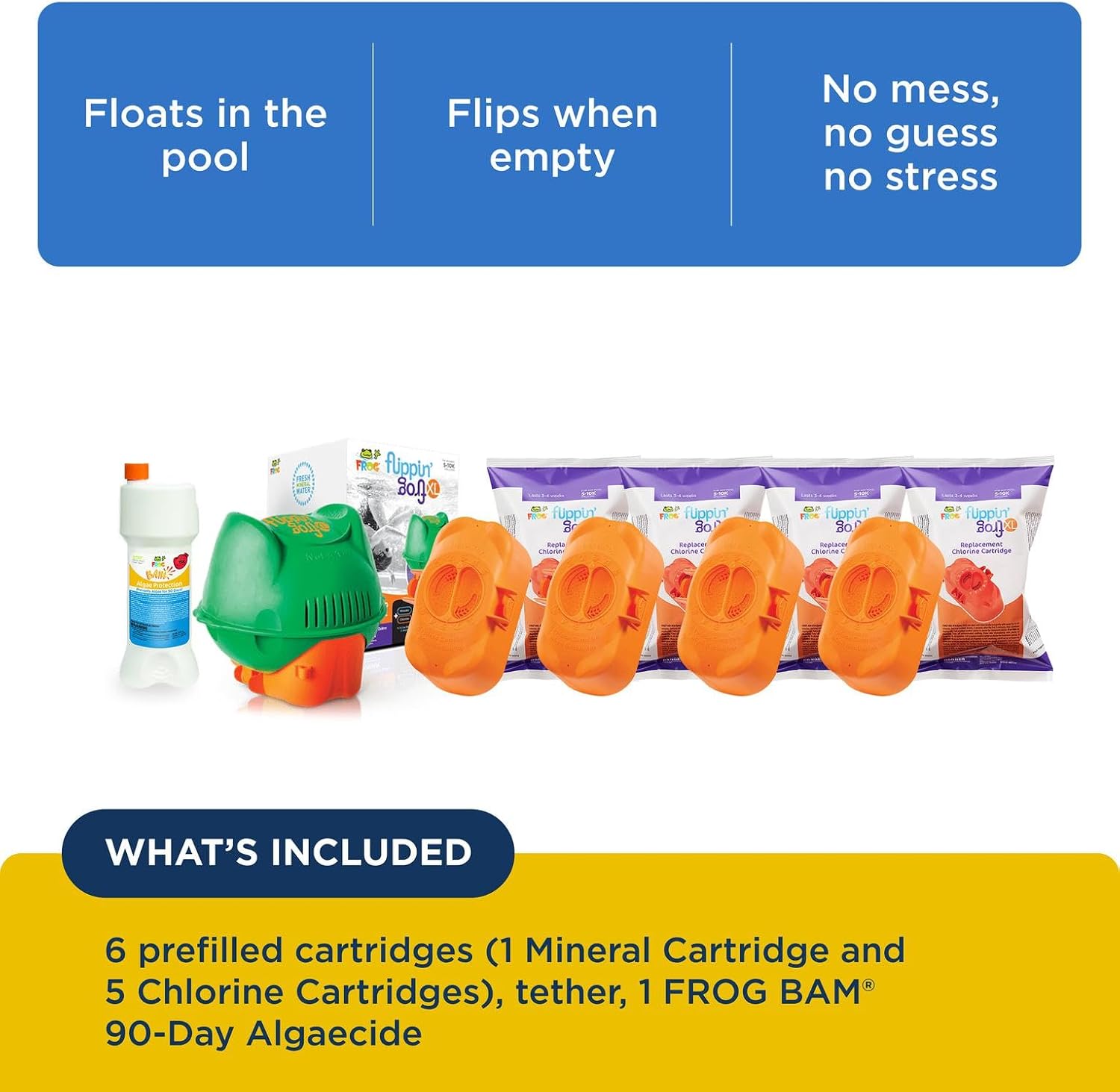 Flippin' FROG XL Floating Sanitizer System for Pools 5,000 to 10,000 Gallons - Prefilled Floater with Sanitizing Minerals and Chlorine for Easy Pool Treatment & Maintenance - 4 Month Bundle+