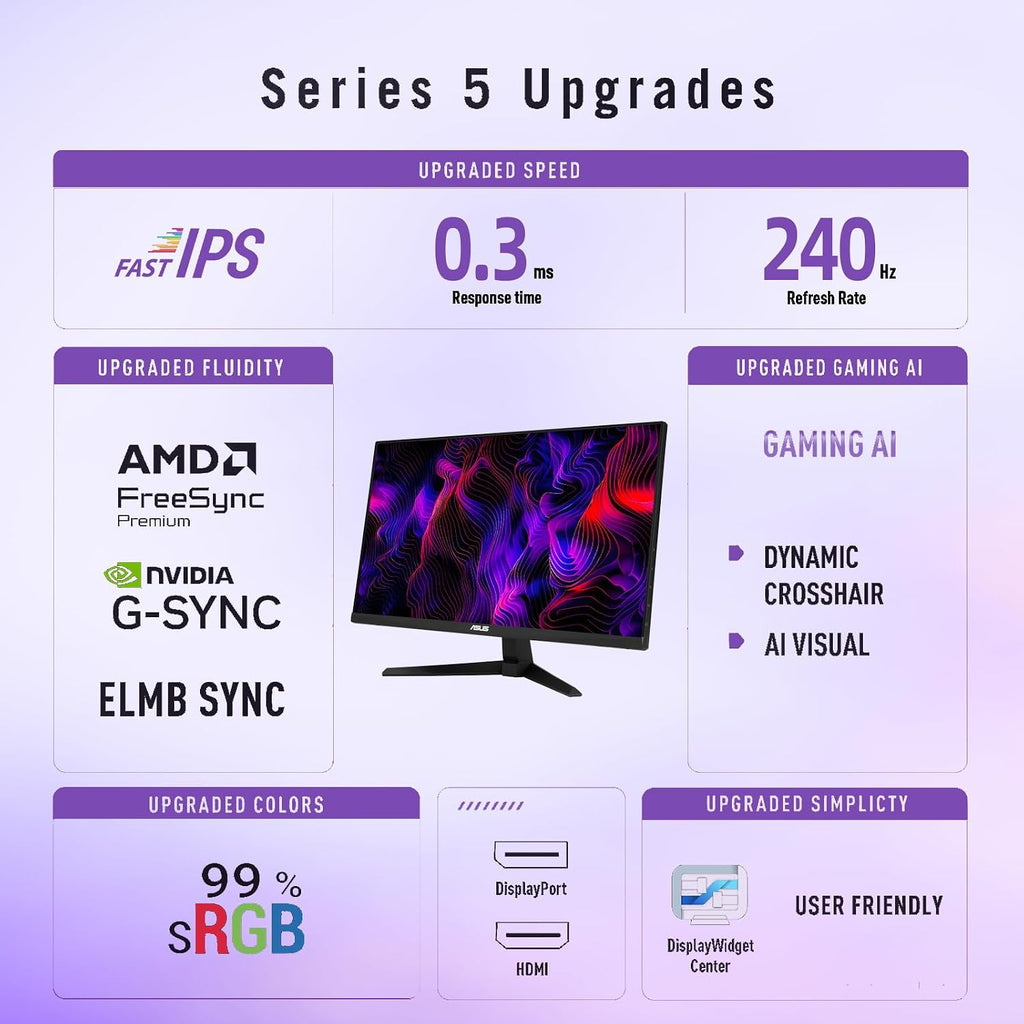 ASUS TUF 24' FHD Gaming Monitor, Fast IPS Display, 240Hz Refresh Rate, 0.3ms Response Time, G-SYNC Compatible, FreeSync Premium, ELMB Sync, AI-Powered Gaming Features, Built-in Speakers - Black
