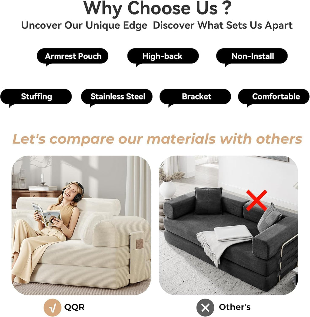 Upgraded 79' High Backrest Sofa Bed with Fixed Frame, Corduroy Fabric Convertible Couch for Small Spaces, Removable Armrests & Backrest, No Assembly Required (Beige White)
