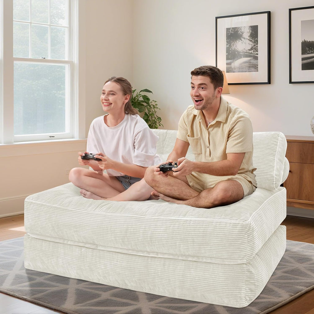 HABUTWAY Folding Sofa Bed, Foldable Floor Sofa Lounge w/Dual-Pillow & Handle, Convertible Sleeper Chair Bed w/Back Support for Living Room, Bedroom, Apartment, Office, Beige, Full