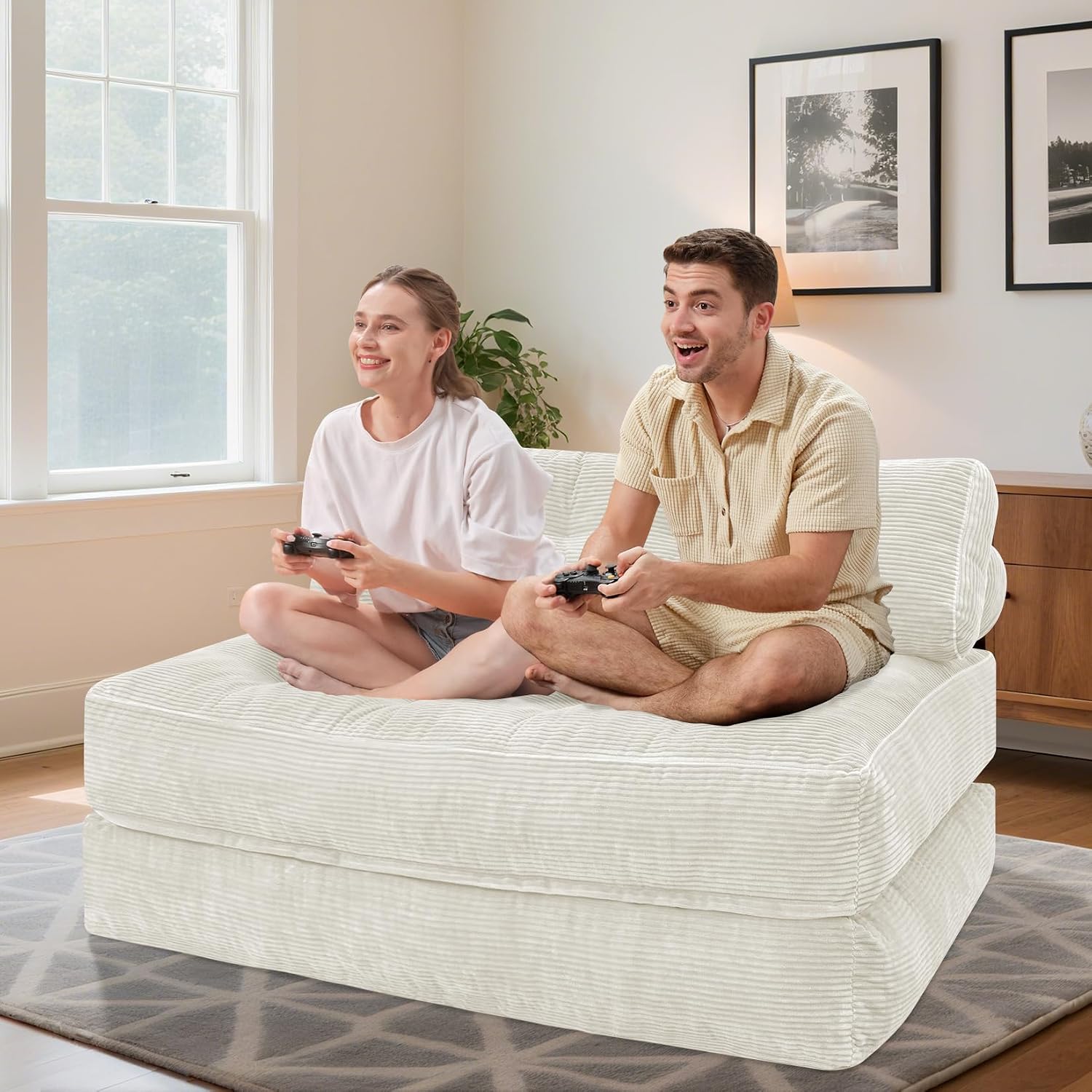 HABUTWAY Folding Sofa Bed, Foldable Floor Sofa Lounge w/Dual-Pillow & Handle, Convertible Sleeper Chair Bed w/Back Support for Living Room, Bedroom, Apartment, Office, Beige, Full