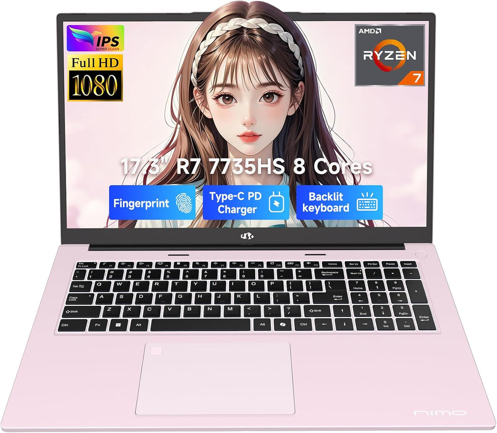 NIMO 17.3' Business-Laptop, AMD Ryzen 7 7735HS (8C/16T), 32GB RAM 2TB NVMe SSD, Radeon 680M for Light Gaming, PD 100W Type-C WiFi-6E BT5.2 Fingerprint Unlock Backlit Keyboard for Working & Student