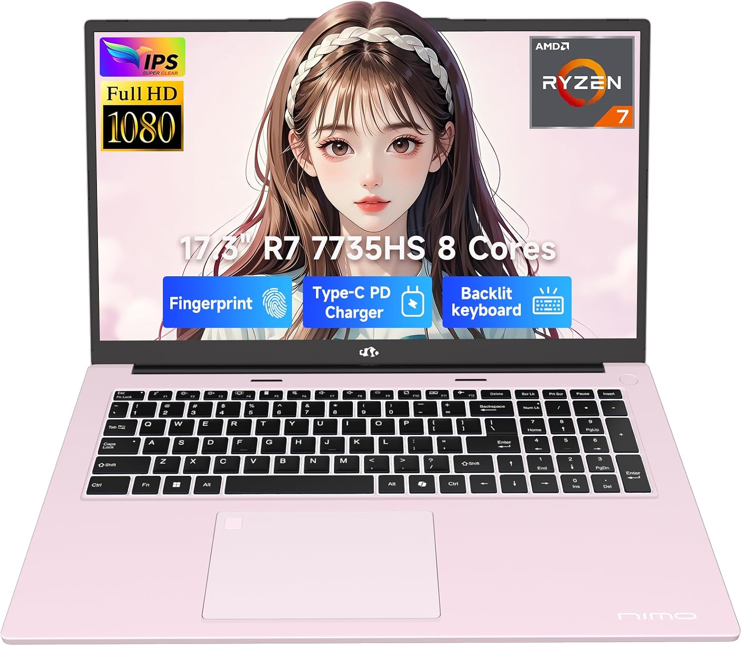 NIMO 17.3' Business-Laptop, AMD Ryzen 7 7735HS (8C/16T), 32GB RAM 2TB NVMe SSD, Radeon 680M for Light Gaming, PD 100W Type-C WiFi-6E BT5.2 Fingerprint Unlock Backlit Keyboard for Working & Student