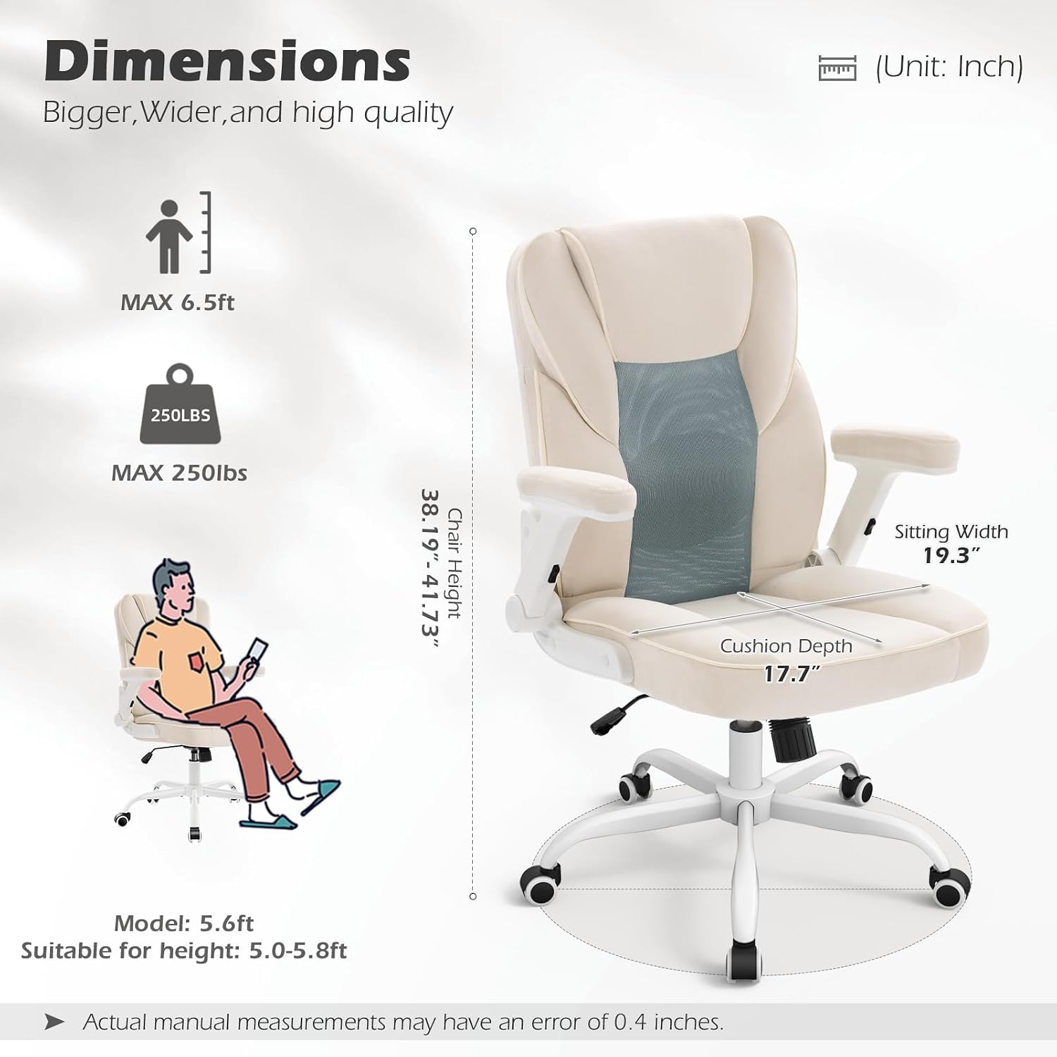 SEATZONE Home Office Desk Chairs with Wheels and Armrests,Office Chair Comfortable Ergonomic Mesh with Teddy Fleece Fabric Executive Computer Chairs for Adults and Teens,Beige