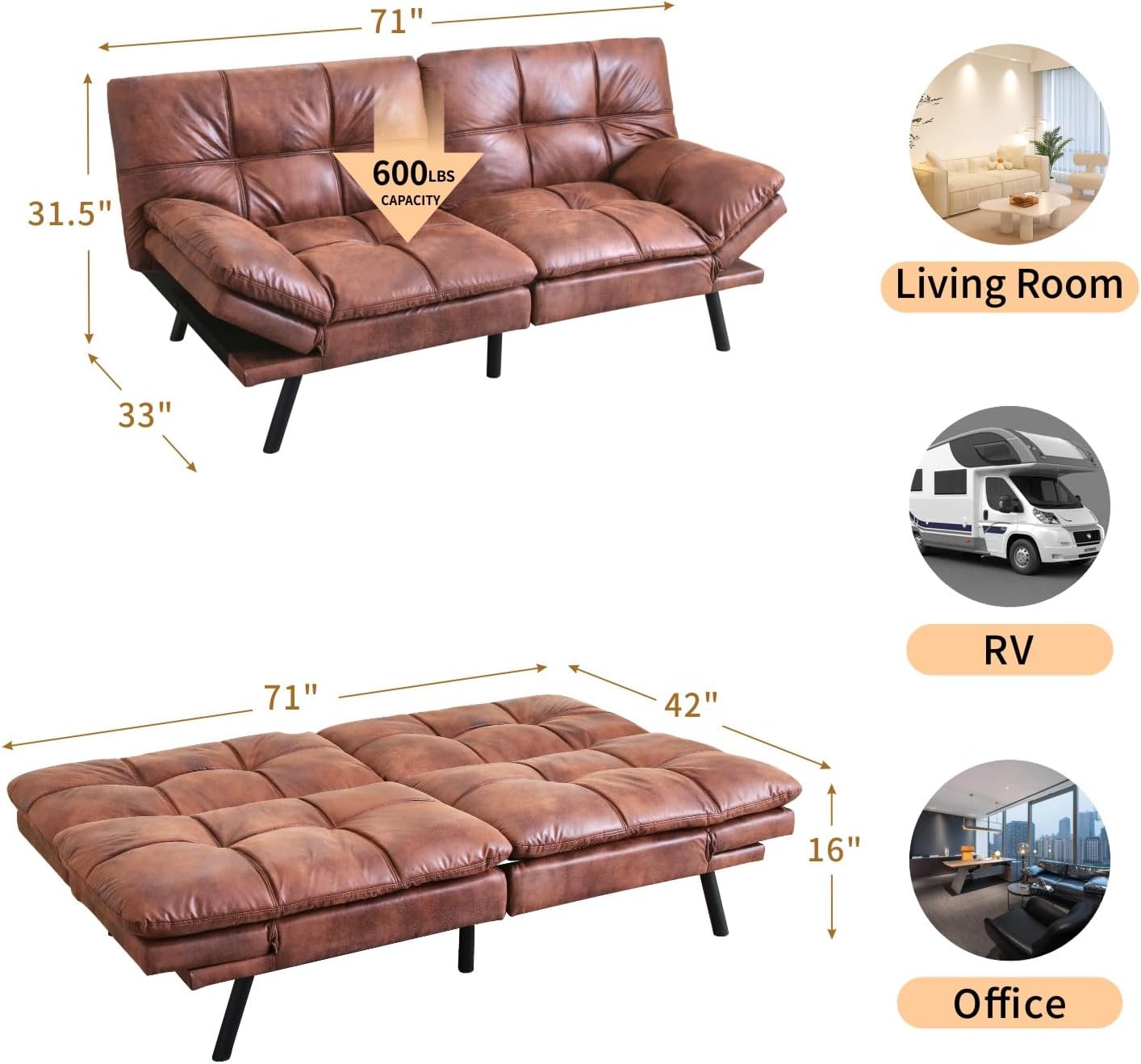 MUUEGM Convertible Memory Foam Sofa Bed with Adjustable Backrest & Armrest, Modern Futon Couch for Living Room, Office, Apartment, Space-Saving Design, Easy Assembly,Brown Leather
