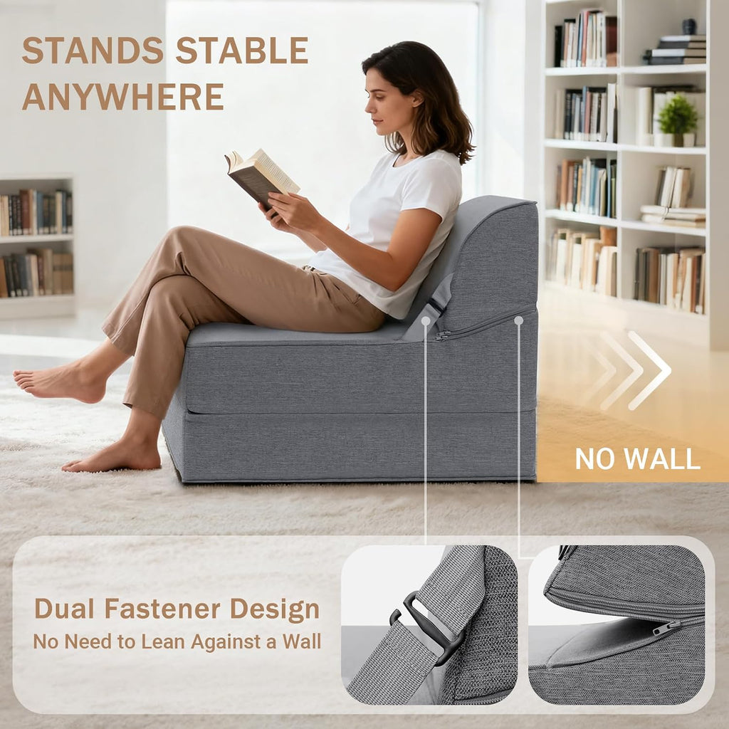 BeBen Folding Sofa Bed Chair, Convertible Sleeper Chair Futon Couch, Foldable Boneless Floor Lounge Sofa, Twin Foam Chair Bed for Small Spaces, Dorm, Guest Room, Living Room, Apartment, Dark Grey