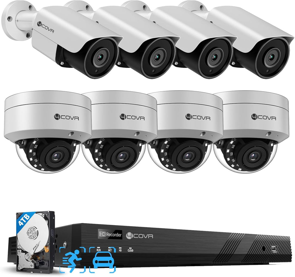 4COVR 16 Channel 4K Security Camera System - Human Vehicle Detection, 4K 4TB NVR, 4 Dome IK10 Vandal-Proof 4 Bullet 8MP Wired PoE IP Camera for Businesses, IP67 Outdoor, Remote Access, LYH54A8M1608
