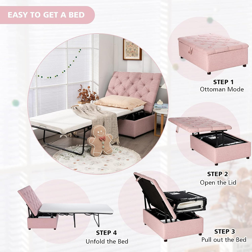 Giantex Ottoman Folding Bed, Fold Out Sleeper Bed with Mattress, Convertible Chair into Sofa Beds, Couch Sleeper w/Steel Frame, Dual Use Guest Lounge Beds, Living Room Bedroom Office(Pink)
