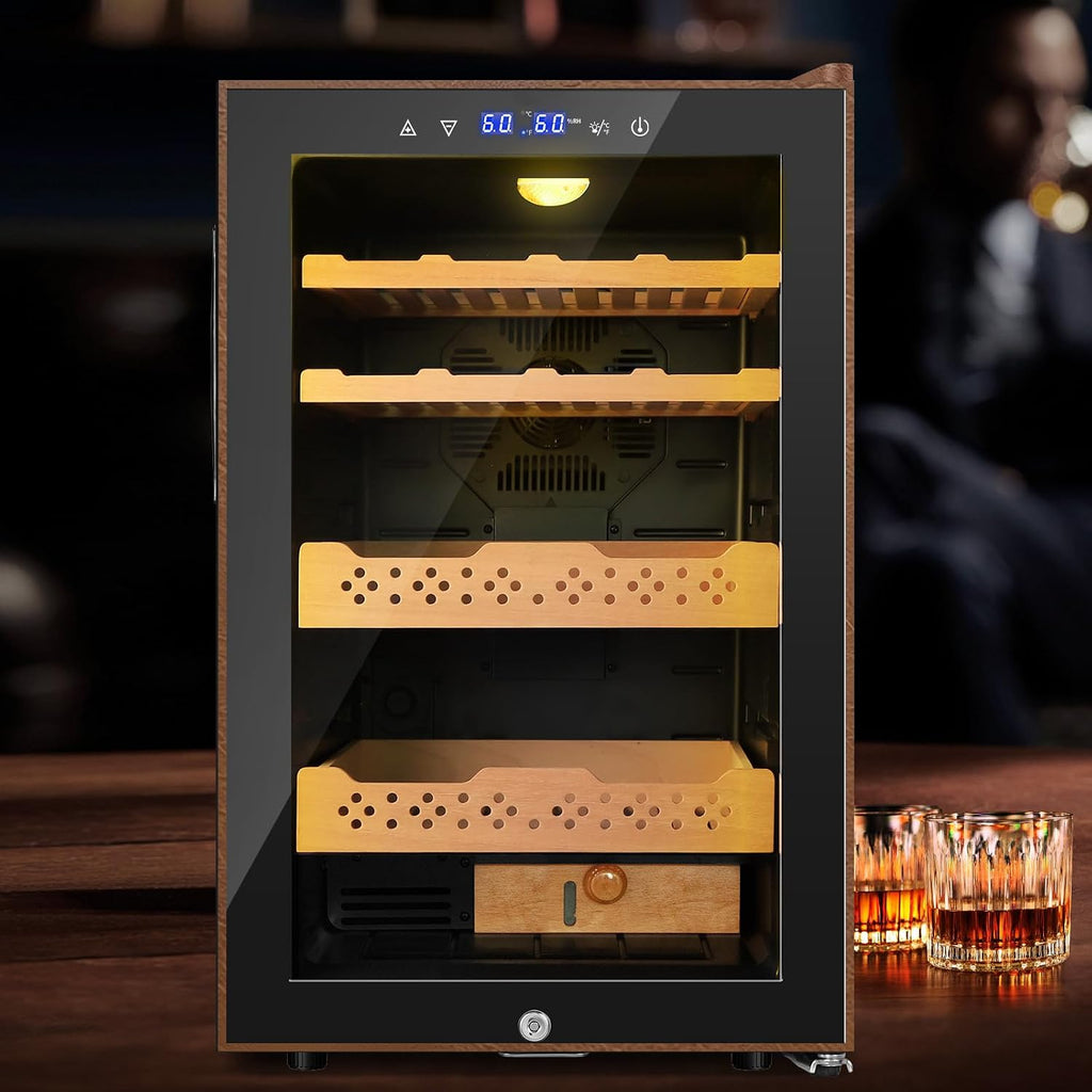 70L Upgraded Electric Humidor, 400 Counts Large Capacity,Thermostatic Electric Cooler Cabinet with Digital LED Screen, Safety Lock,Smart Humidity & Temp Control