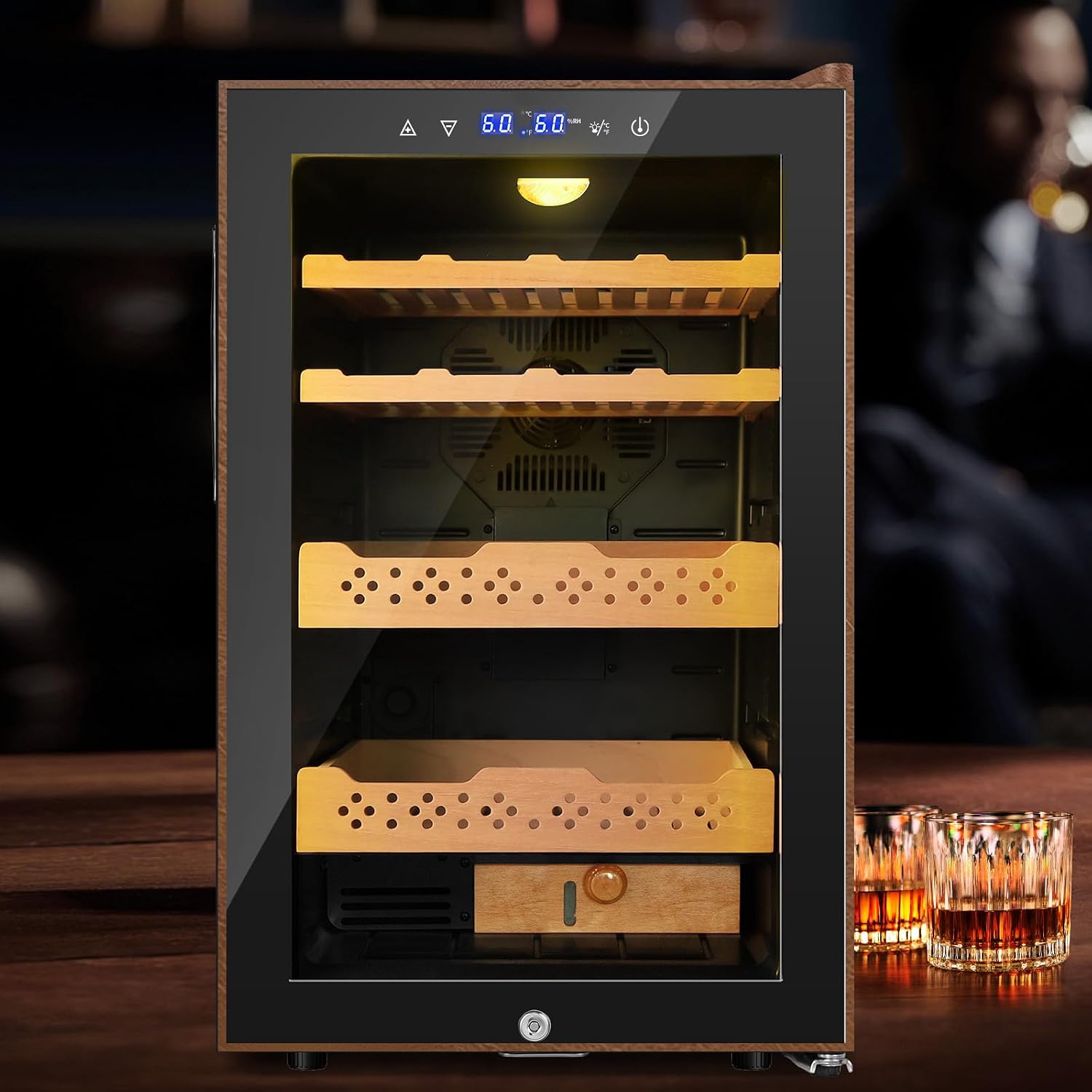 70L Upgraded Electric Humidor, 400 Counts Large Capacity,Thermostatic Electric Cooler Cabinet with Digital LED Screen, Safety Lock,Smart Humidity & Temp Control