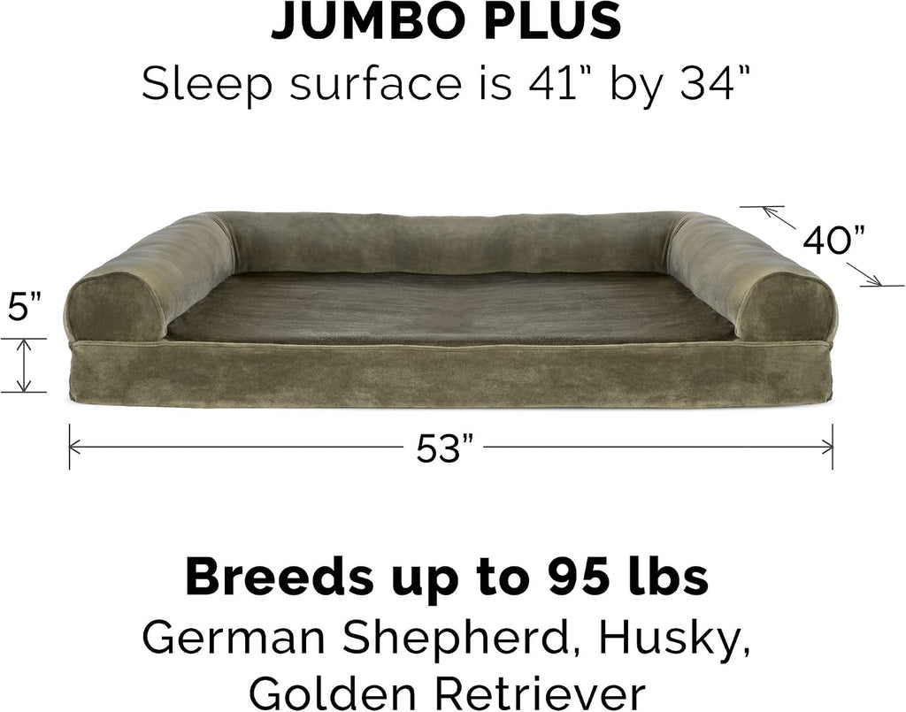 Furhaven Orthopedic Dog Bed for Large Dogs w/ Removable Bolsters & Washable Cover, For Dogs Up to 125 lbs - Faux Fur & Velvet Sofa - Dark Sage, Jumbo Plus/XXL