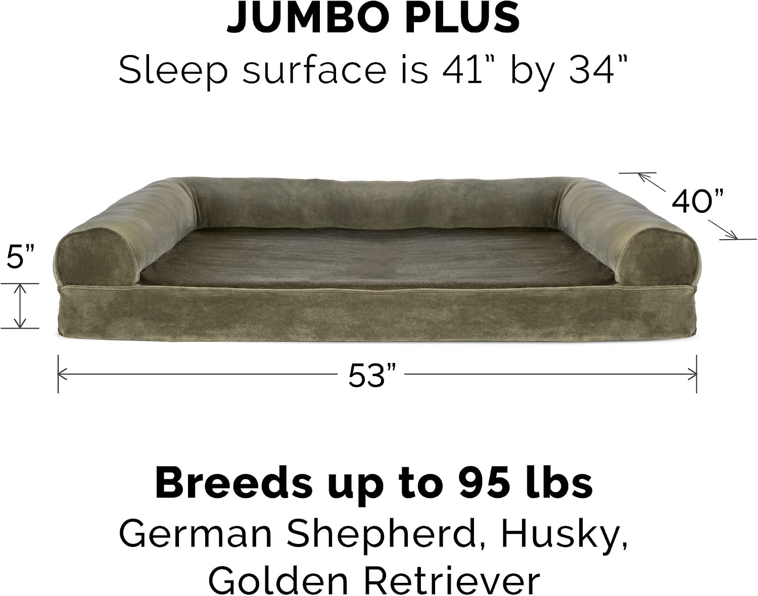 Furhaven Orthopedic Dog Bed for Large Dogs w/ Removable Bolsters & Washable Cover, For Dogs Up to 125 lbs - Faux Fur & Velvet Sofa - Dark Sage, Jumbo Plus/XXL