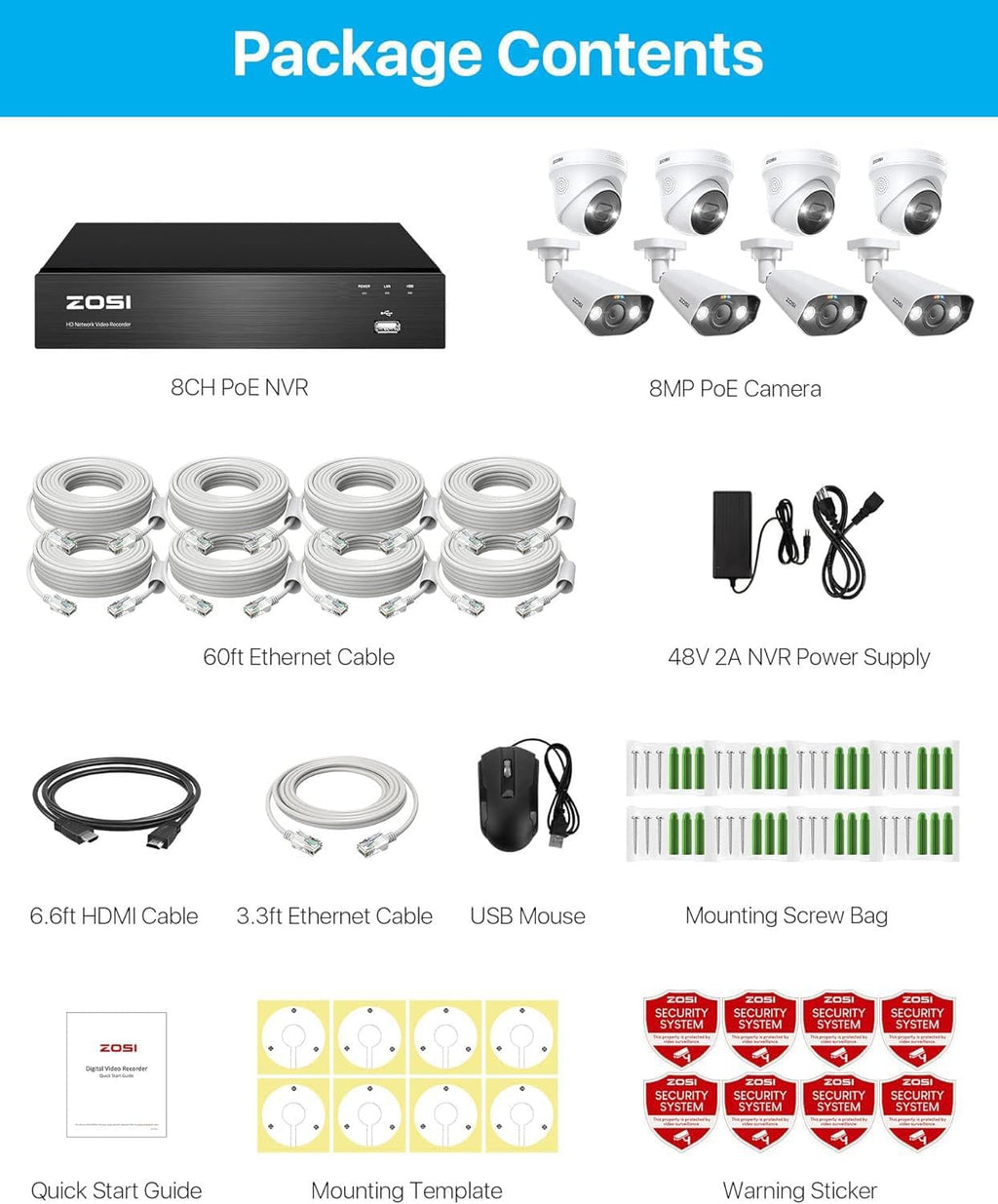 ZOSI 4K 8CH Spotlight PoE Security Camera System,8pcs 4K Outdoor IP Cameras,Color Night Vision,Person Vehicle Detection,2 Way Audio,8Channel 8MP NVR Recorder with 2TB HDD for Home 24/7 Recording