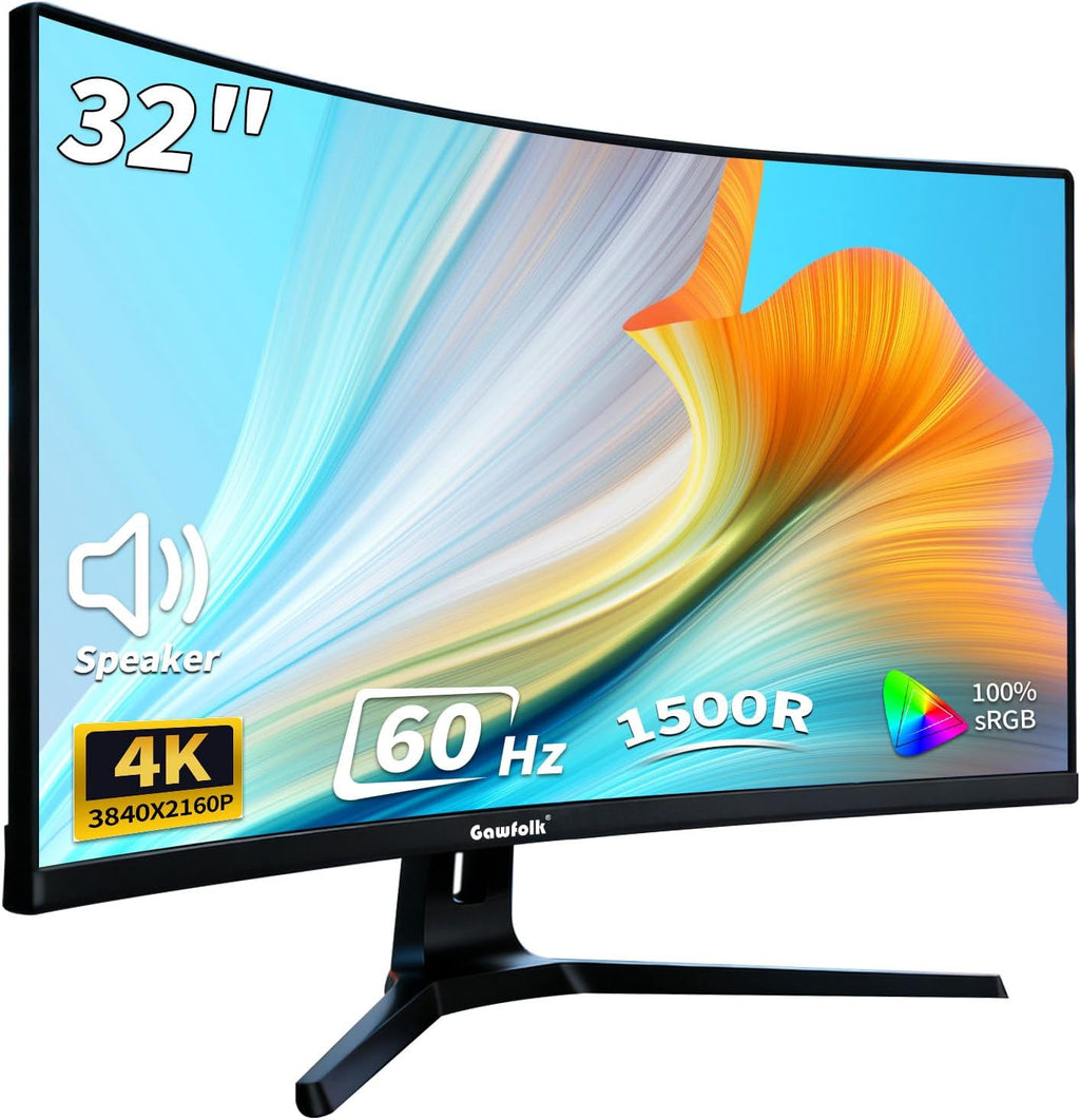 Gawfolk 32 Inch 4K Curved Monitor 60Hz, UHD 3840x2160 PC Monitor with Built-in Speakers, 1500R Computer Screen, FreeSync, Flicker-Free, HDMI/DP, Wall Mountable for Home Office, Gaming, Entertainment