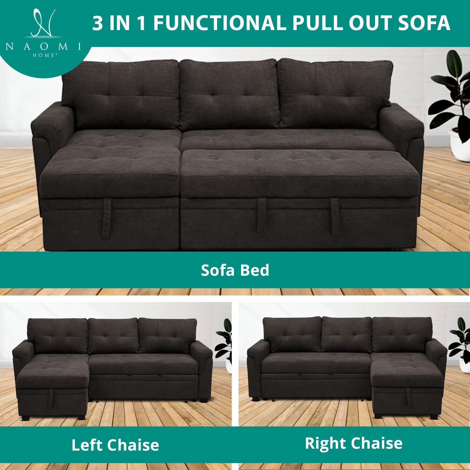 Naomi Home L Shaped Sectional Couch with Storage & Pull Out Bed – 3-in-1 Convertible Sleeper Sofa Bed, Small L Shape Sofa for Living Room, Sofa Bed with Storage Chaise in Espresso, Velvet