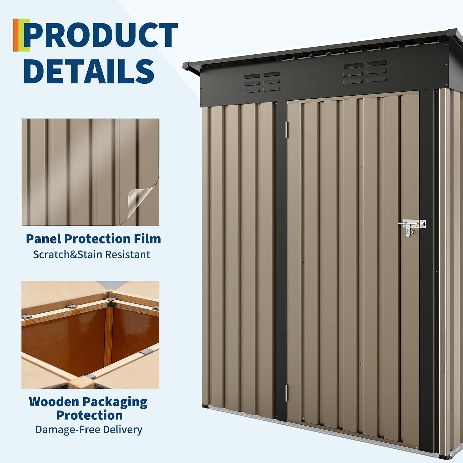 GarveeLife 5x3 FT Outdoor Storage Shed, Tool Shed with Sloping Roof and Lockable Door, Compact Metal Tool Garden Shed for Garden, Backyard, Patio (Brown)