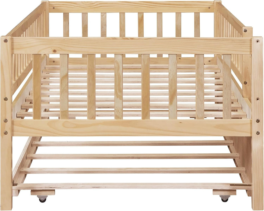 Twin Wood Bed Frame with Fence Railings and Trundle,Low Montessori Kids Platform Bed Frame with Full-Length Safety Guardrails,Dual-use Daybed for Bedroom and Living Room,Natural