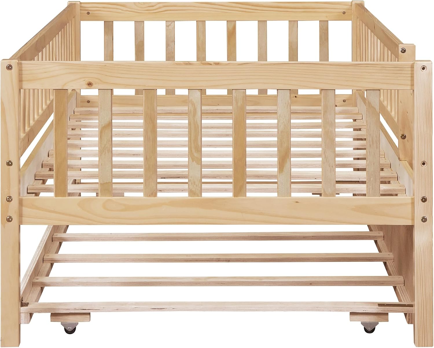 Twin Wood Bed Frame with Fence Railings and Trundle,Low Montessori Kids Platform Bed Frame with Full-Length Safety Guardrails,Dual-use Daybed for Bedroom and Living Room,Natural