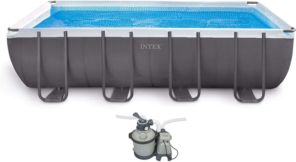 Intex 26351EH 18ft X 9ft X 52in Ultra Frame Rectangular Pool Set with Sand Filter Pump, Ladder, Ground Cloth & Pool Cover