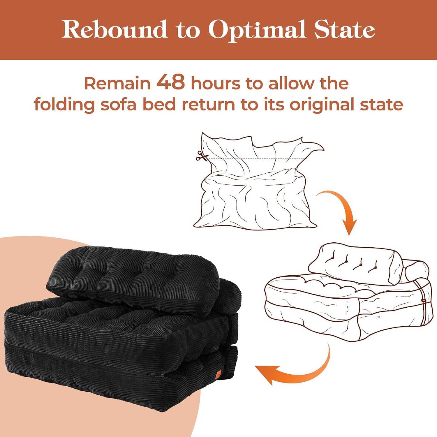 Folding Sofa Bed, Convertible Sleeper Chair with Back Support and Pillow Futon, Boneless Matress, for Living Room/Guest Use/Home Office, Foldable Chair Bed for Adults, Black, Full